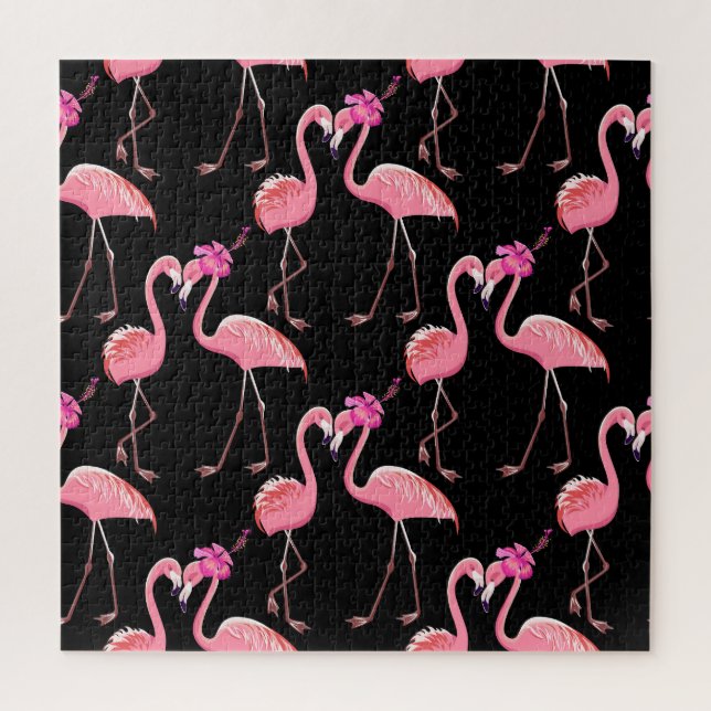 Pink Flamingos: Black Background Vintage Jigsaw Puzzle (Vertical)