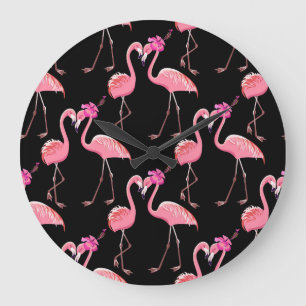 Pink Flamingos: Black Background Vintage Large Clock