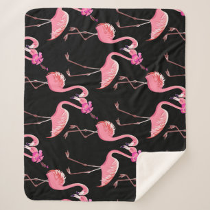 Pink Flamingos: Black Background Vintage Sherpa Blanket