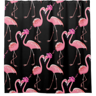 Pink Flamingos: Black Background Vintage Shower Curtain