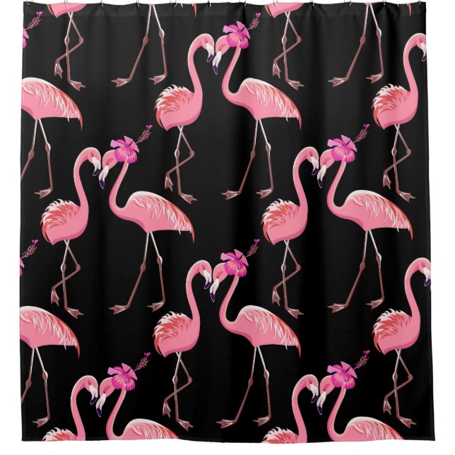 Pink Flamingos: Black Background Vintage Shower Curtain (Front)