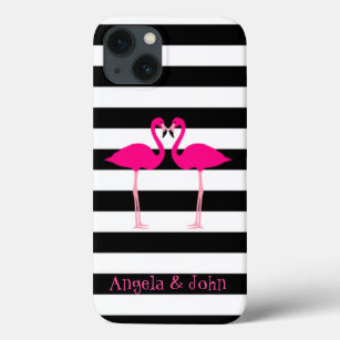 Pink Flamingos, Black, White Stripes Personalised iPhone 13 Case