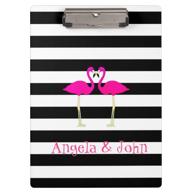 Pink Flamingos, Black, White Stripes Personalised Clipboard (Front)