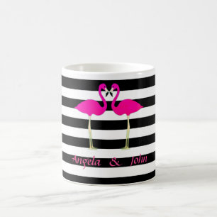 Pink Flamingos, Black, White Stripes Personalised Coffee Mug