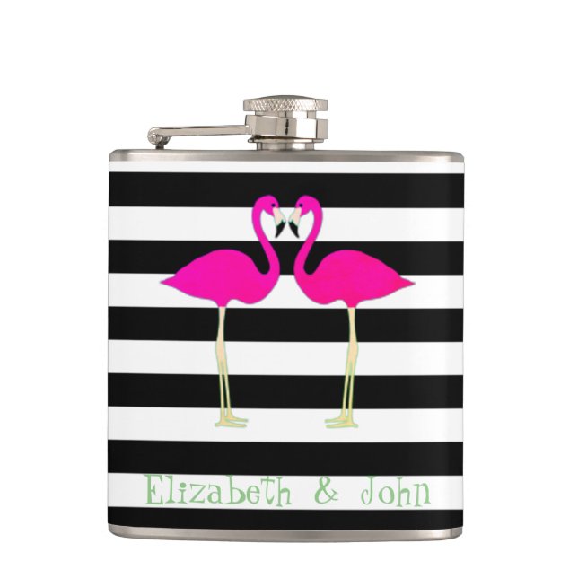 Pink Flamingos ,Black White Stripes,Personalised Hip Flask (Front)