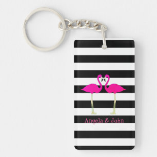 Pink Flamingos, Black, White Stripes Personalised Key Ring