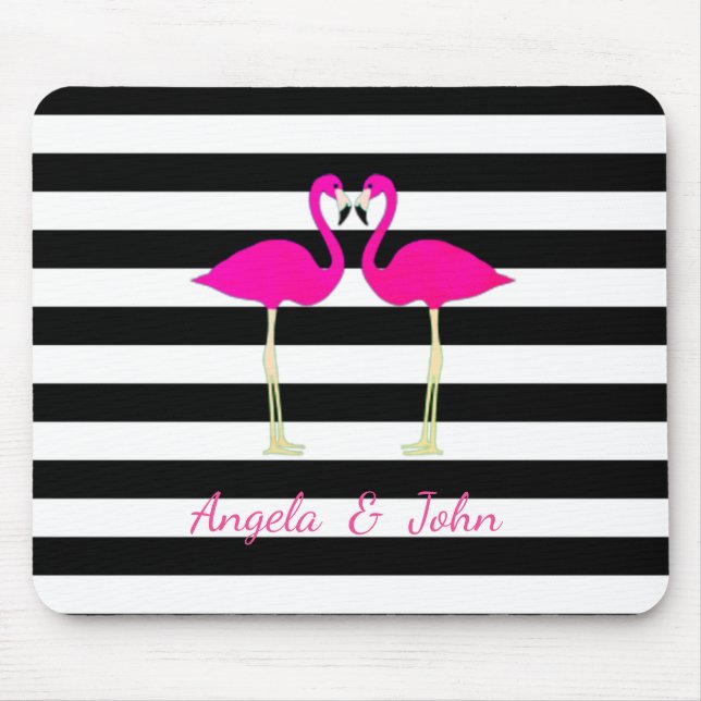 Pink Flamingos, Black, White Stripes Personalised Mouse Mat (Front)