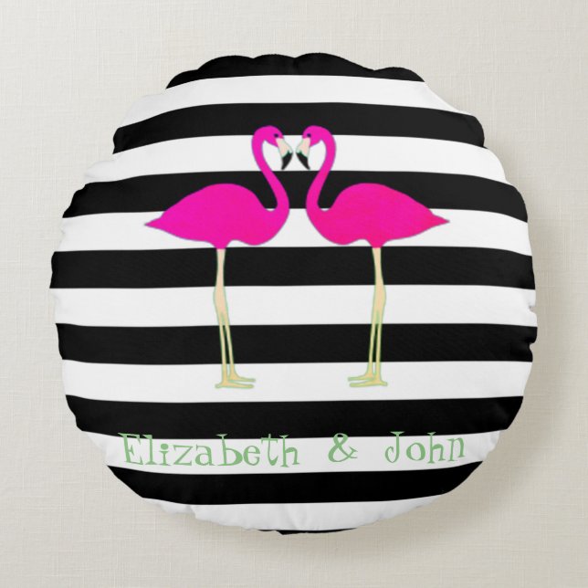 Pink Flamingos ,Black White Stripes,Personalised Round Cushion (Front)