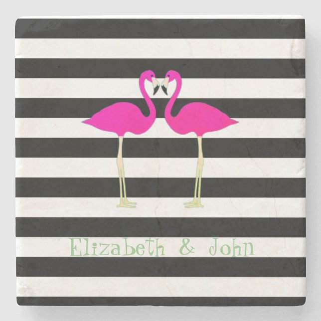 Pink Flamingos ,Black White Stripes,Personalised Stone Coaster (Front)
