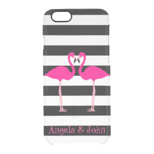 Pink Flamingos, Black, White Stripes Personalised Clear iPhone 6/6S Case