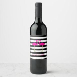 Pink Flamingos, Black, White Stripes Personalised Wine Label
