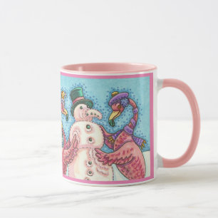 Pink Flamingos Building Snowman CHRISTMAS MUG