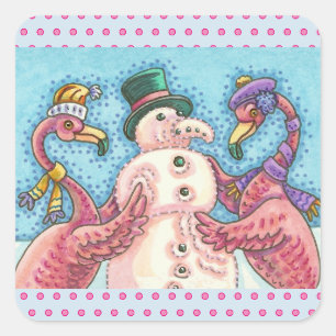 PINK FLAMINGOS BUILDING SNOWMAN CHRISTMAS STICKERS