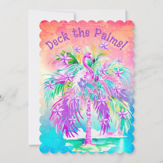 Pink Flamingos Christmas Palm Tree Personalised  Holiday Card (Front)