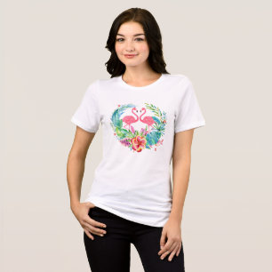 Pink Flamingos & Colourful Tropical Flowers Wreath Tri-Blend Shirt