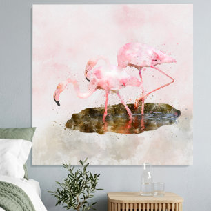 Pink Flamingos Companionship in Watercolor Art Canvas Print