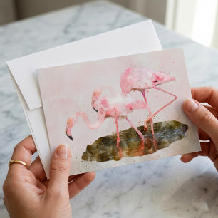 Pink Flamingos Companionship in Watercolor Art Card