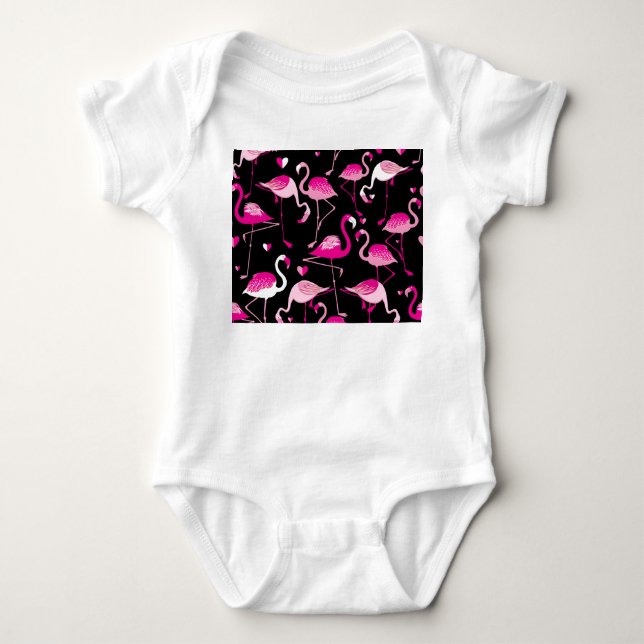 Pink flamingos, dark seamless pattern. baby bodysuit (Front)