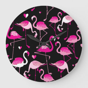 Pink flamingos, dark seamless pattern. large clock