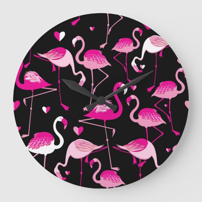 Pink flamingos, dark seamless pattern. large clock (Front)