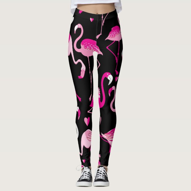 Pink flamingos, dark seamless pattern. leggings (Front)