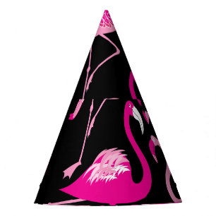 Pink flamingos, dark seamless pattern. party hat