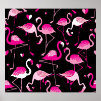 Pink flamingos, dark seamless pattern.