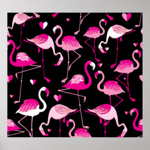 Pink flamingos, dark seamless pattern. poster