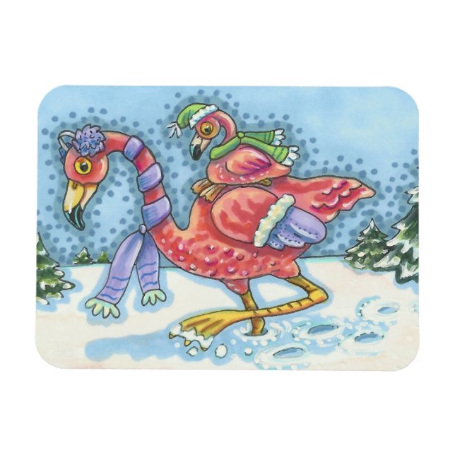 Pink Flamingos Deep Snow CHRISTMAS MAGNET (Horizontal)