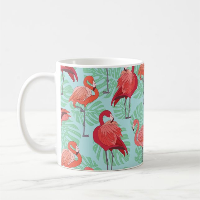 Pink Flamingos: Exotic Seamless Pattern. Coffee Mug (Left)