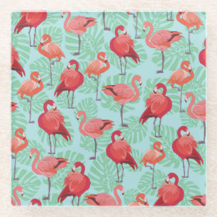 Pink Flamingos: Exotic Seamless Pattern. Glass Coaster