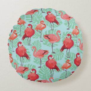 Pink Flamingos: Exotic Seamless Pattern. Round Cushion
