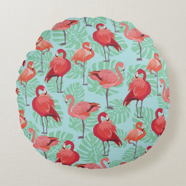 Pink Flamingos: Exotic Seamless Pattern. Round Cushion (Front)