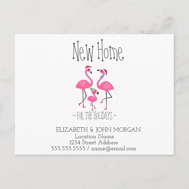 Pink Flamingos Family Santa Hat New Address Announcement Postcard (Front)