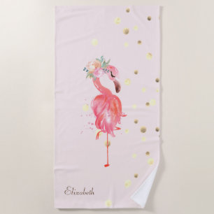 Pink Flamingos Flower,Gold Confetti Beach Towel