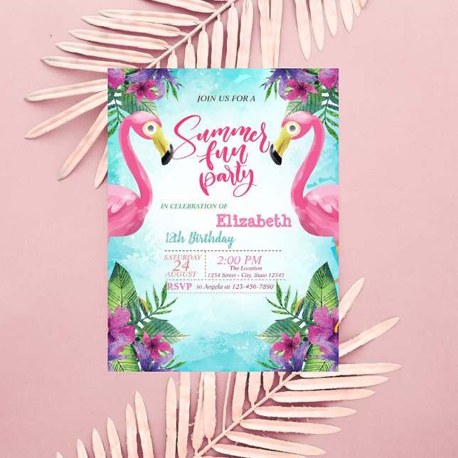 Pink Flamingos Flowers Summer Birthday Party Invitation (Creator Uploaded)