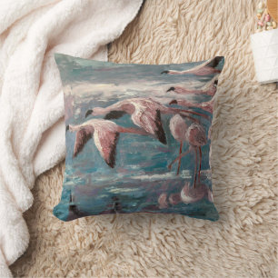 Pink Flamingos Flying Birds over Blue Water Cushion