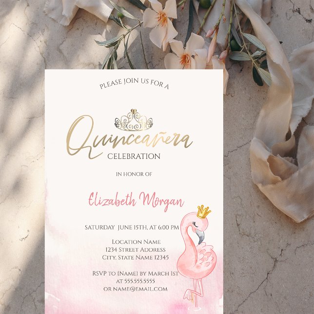 Pink Flamingos Gold Tiara Quinceañera Invitation (Creator Uploaded)