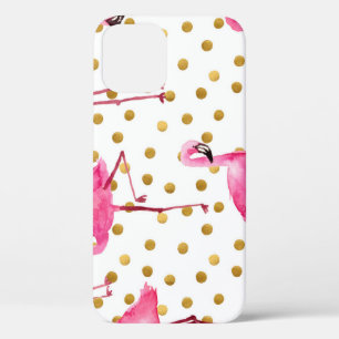 Pink flamingos, golden dots, watercolor. iPhone 12 case