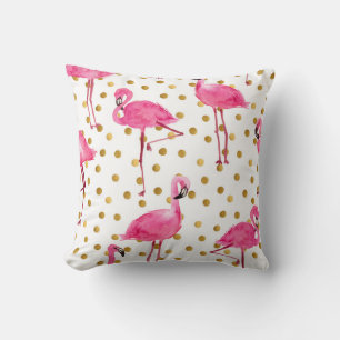 Pink flamingos, golden dots, watercolor. cushion