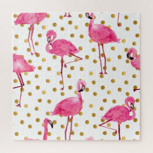 Pink flamingos, golden dots, watercolor. jigsaw puzzle