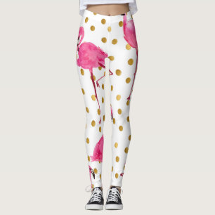 Pink flamingos, golden dots, watercolor. leggings