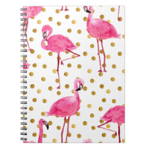 Pink flamingos, golden dots, watercolor. notebook