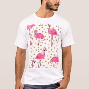 Pink flamingos, golden dots, watercolor. T-Shirt