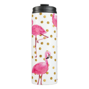 Pink flamingos, golden dots, watercolor. thermal tumbler