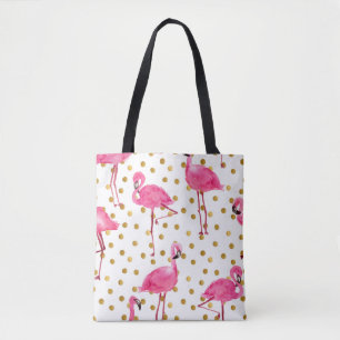 Pink flamingos, golden dots, watercolor. tote bag