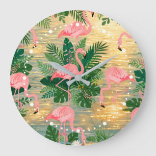 Pink Flamingos Golden Sunset Lagoon Tropical Vibe Large Clock