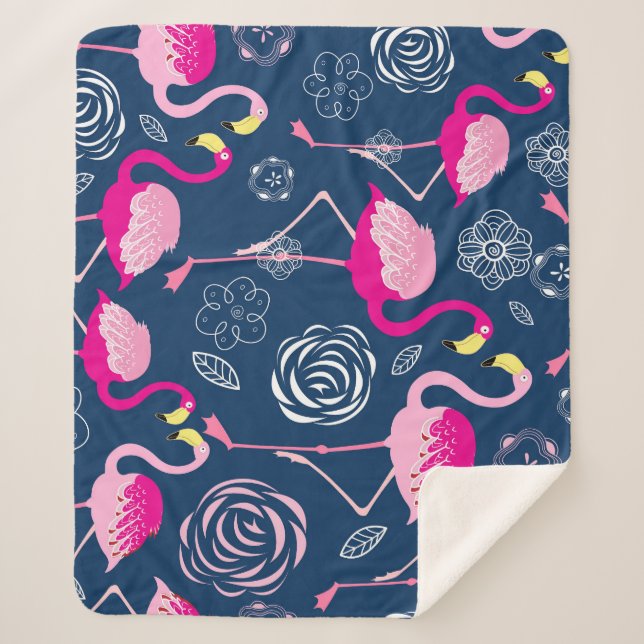 Pink Flamingos: Graphic Dark Pattern Sherpa Blanket (Front)