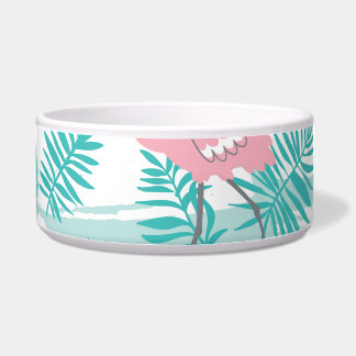 Pink flamingos, green palm leaves, tropical.