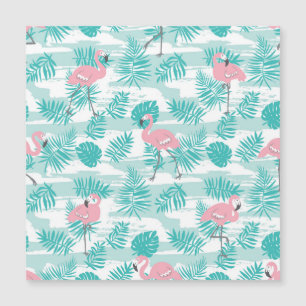 Pink flamingos, green palm leaves, tropical.